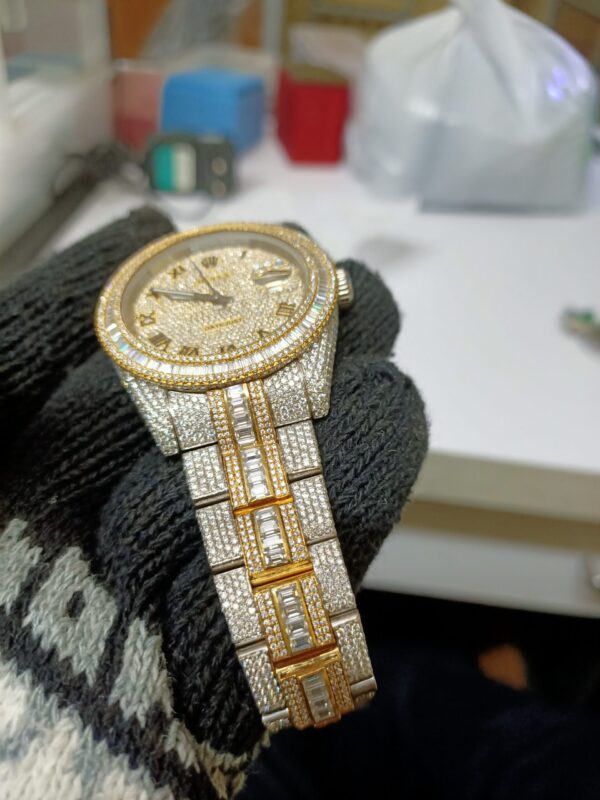 Rolex Datejust Full Iced Out Moissanite Diamond Watch, Baguette And Round VVS Moissanite Diamond Wrist Watch For Men, White & Yellow Gold Plated Men Diamond Watch