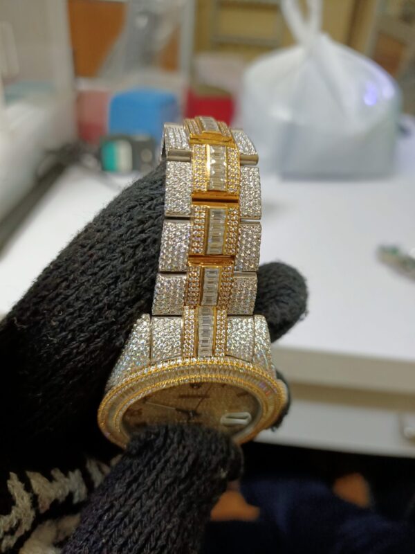 Rolex Datejust Full Iced Out Moissanite Diamond Watch, Baguette And Round VVS Moissanite Diamond Wrist Watch For Men, White & Yellow Gold Plated Men Diamond Watch