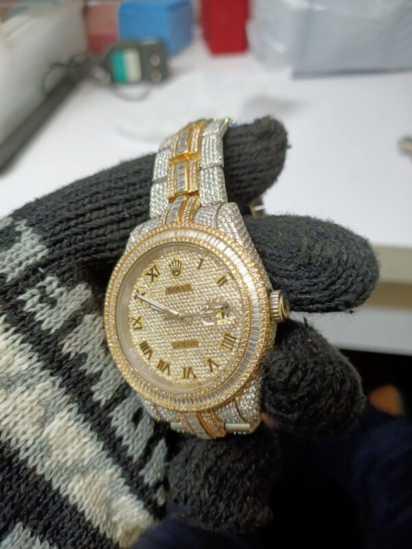 Rolex Datejust Full Iced Out Moissanite Diamond Watch, Baguette And Round VVS Moissanite Diamond Wrist Watch For Men, White & Yellow Gold Plated Men Diamond Watch