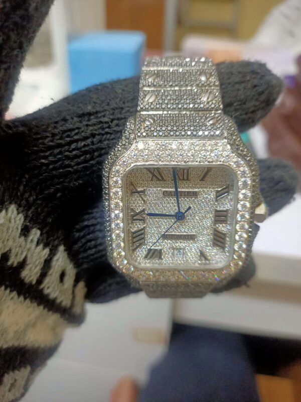 Cartier Moissanite Diamond Men Watch, Round Customized Moissanite Diamond Men Wrist Wantch, Stainless Steel Automatic Diamond Watch For Me