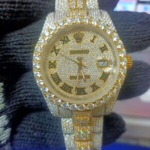 Rolex Datejust Presidential Moissanite Diamond & 3D Calet Men Watch, 41mm Dial 2 Tone Gold Plated Stainless Steel Men Watch For Gift, Fully Iced Out Birthday Gift Watch For Him