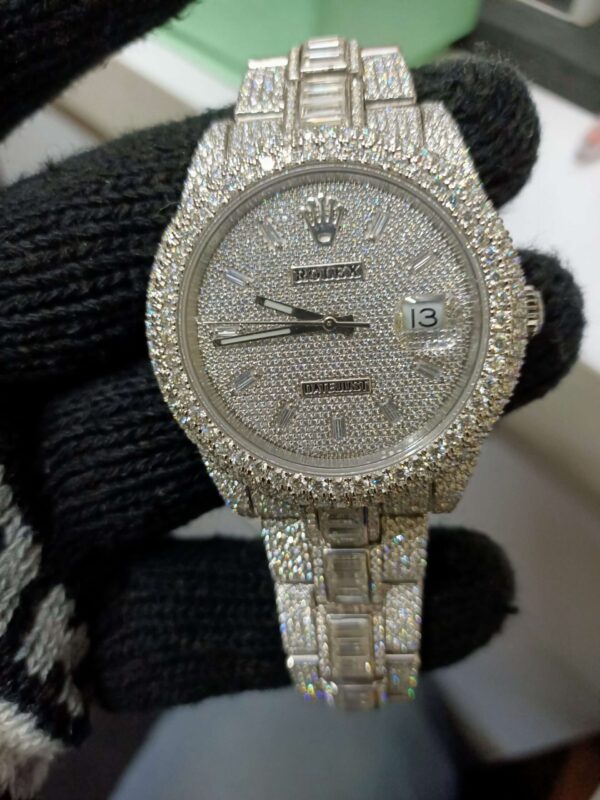 Rolex Datejust Full Iced Out Moissanite Diamond Watch, Baguette And Round VVS Moissanite Diamond Wrist Watch For Men, White  Gold Plated Men Diamond Watch