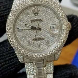 Rolex Datejust Full Iced Out Moissanite Diamond Watch, Baguette And Round VVS Moissanite Diamond Wrist Watch For Men, White  Gold Plated Men Diamond Watch