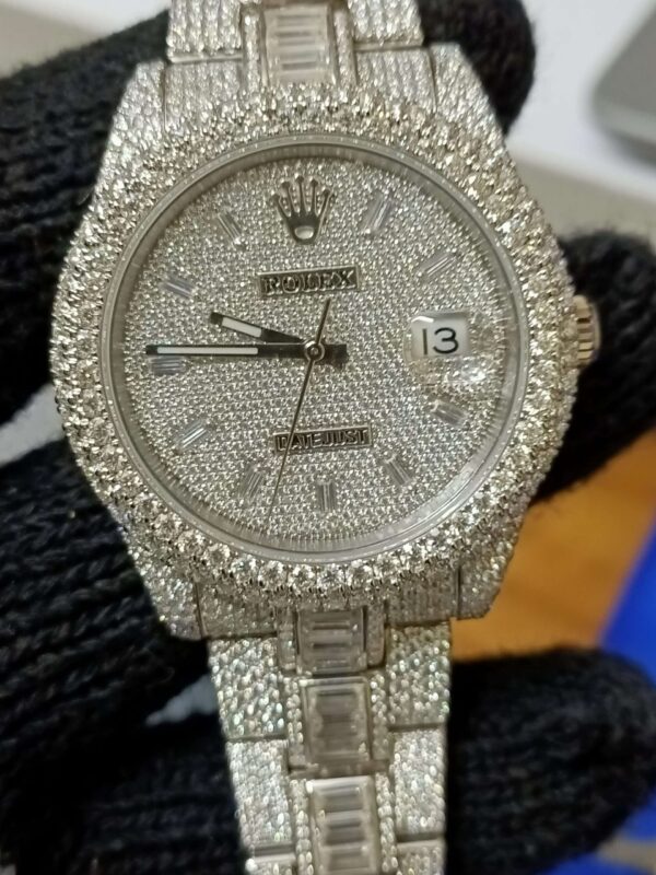 Rolex Datejust Full Iced Out Moissanite Diamond Watch, Baguette And Round VVS Moissanite Diamond Wrist Watch For Men, White  Gold Plated Men Diamond Watch