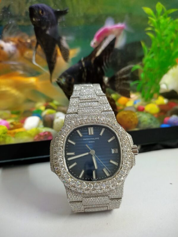 Patek Philippe Geneve Round Moissanite Diamond Men Automatic Watch, White Gold Plated Men Watch For Birthday Gift