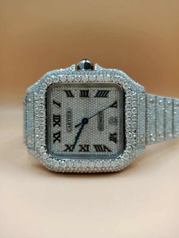 Cartier Santos Eta Mument Moissanite Diamond Men Watch, Stainless Steel White Gold Plated Roman Men Watch For Birthday Gift