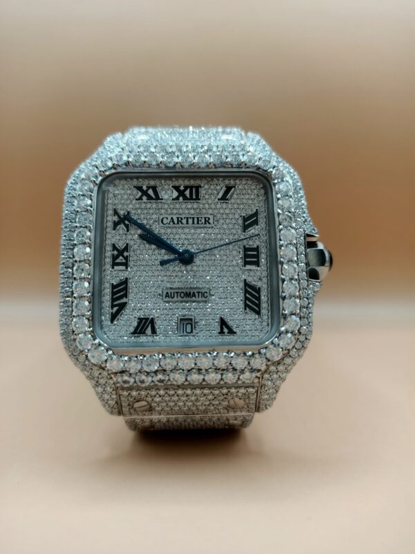 Cartier Santos Eta Mument Moissanite Diamond Men Watch, Stainless Steel White Gold Plated Roman Men Watch For Birthday Gift