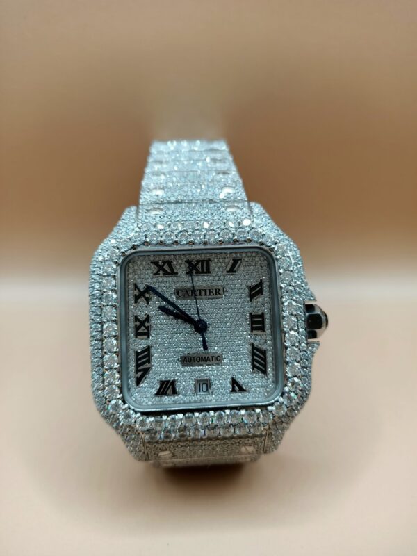 Cartier Santos Eta Mument Moissanite Diamond Men Watch, Stainless Steel White Gold Plated Roman Men Watch For Birthday Gift