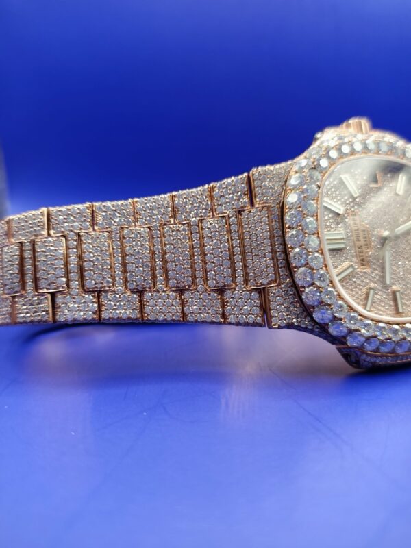 Patek Philippe Geneve Round Moissanite Diamond Men Automatic Watch, Rose Gold Plated Iced Out Moissanite Diamond Men Watch For Birthday Gift