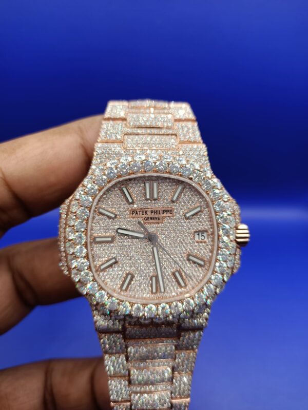 Patek Philippe Geneve Round Moissanite Diamond Men Automatic Watch, Rose Gold Plated Iced Out Moissanite Diamond Men Watch For Birthday Gift