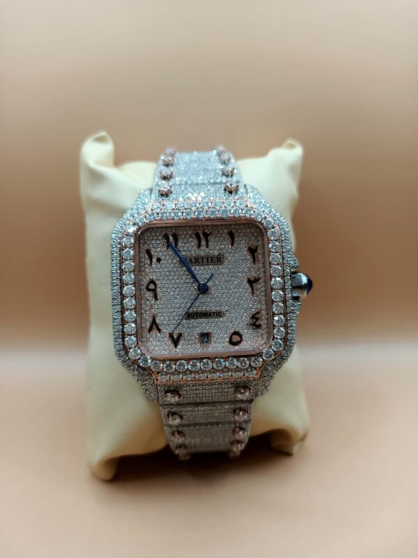 Cartier Santos Skeleton Moissanite Diamond Full Iced Out Men Watch, Stainless Steel White & Ross Gold Arbic Plated Men Watch For Birthday Gift