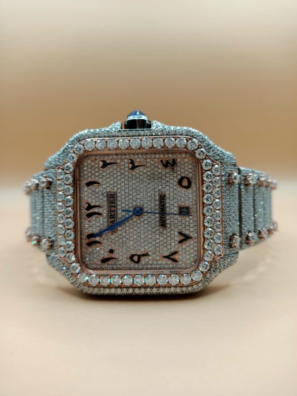 Cartier Santos Skeleton Moissanite Diamond Full Iced Out Men Watch, Stainless Steel White & Ross Gold Arbic Plated Men Watch For Birthday Gift