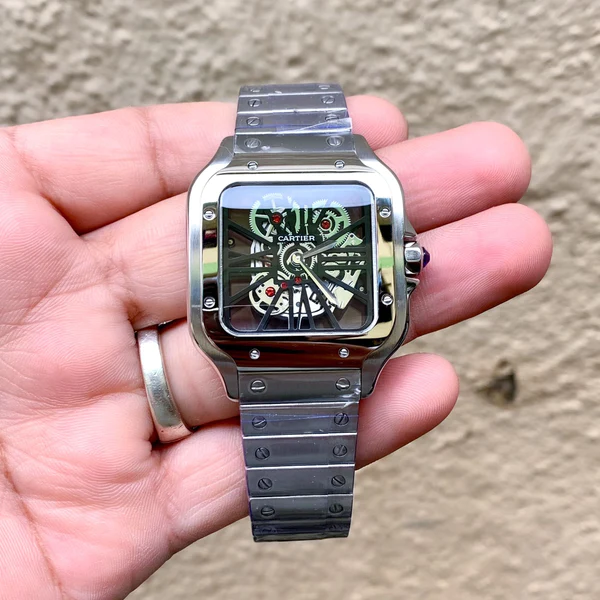 Cartier Santos Skeleton Stainless Steel Men Watch, Quartz Movement Watch For Men