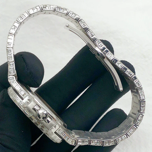 Patek Philippe Baguette Moissanite Diamond Men Automatic Watch, White Gold Plated Full Iced Out Men Moissanite Watch For Birthday Gift