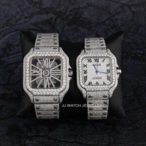 1B6A4708 Cartier Skeleton & Santos Moissanite Diamond Men & Weman Watch, Stainless Steel White Gold Plated Watch For Beautyfull Person