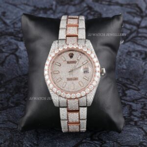 1B6A6765 Rolex Round Moissanite Diamond Men Watch, Dial Ross & White Gold 2 Tone Plated Stainless Steel Men Watch For Gift, Fully Iced Out Birthday Gift Watch For Him