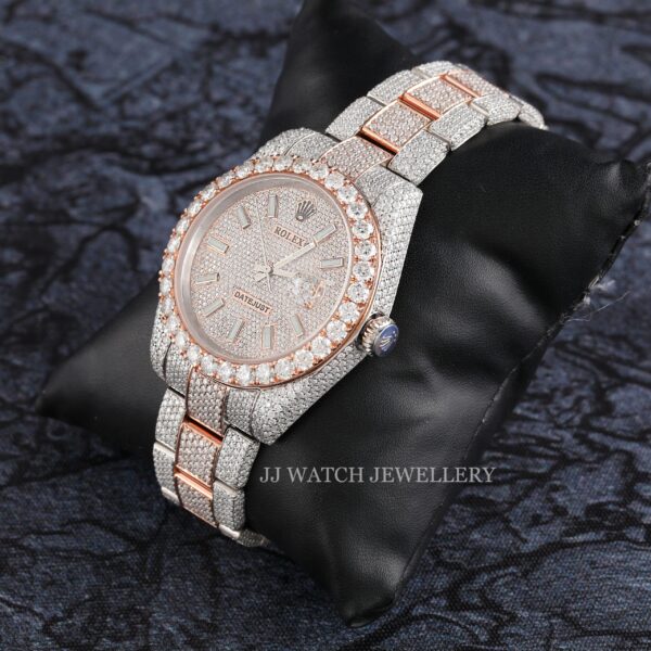 1B6A6769 Rolex Round Moissanite Diamond Men Watch, Dial Ross & White Gold 2 Tone Plated Stainless Steel Men Watch For Gift, Fully Iced Out Birthday Gift Watch For Him