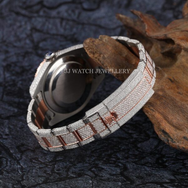 1B6A6771 Rolex Round Moissanite Diamond Men Watch, Dial Ross & White Gold 2 Tone Plated Stainless Steel Men Watch For Gift, Fully Iced Out Birthday Gift Watch For Him