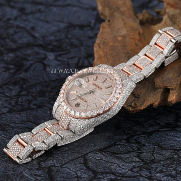 1B6A6772 Rolex Round Moissanite Diamond Men Watch, Dial Ross & White Gold 2 Tone Plated Stainless Steel Men Watch For Gift, Fully Iced Out Birthday Gift Watch For Him