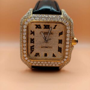 IMG20221202230601 Cartier Santos Moissanite Diamond Full Iced Out Men Watch, Stainless Steel Yellow Gold Plated Men Watch For Birthday Gift