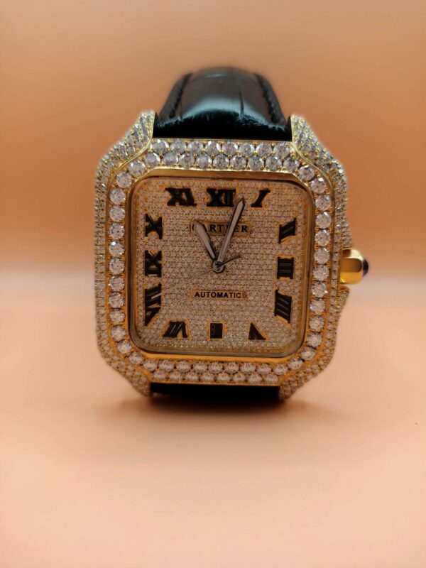 IMG20221202230601 Cartier Santos Moissanite Diamond Full Iced Out Men Watch, Stainless Steel Yellow Gold Plated Men Watch For Birthday Gift