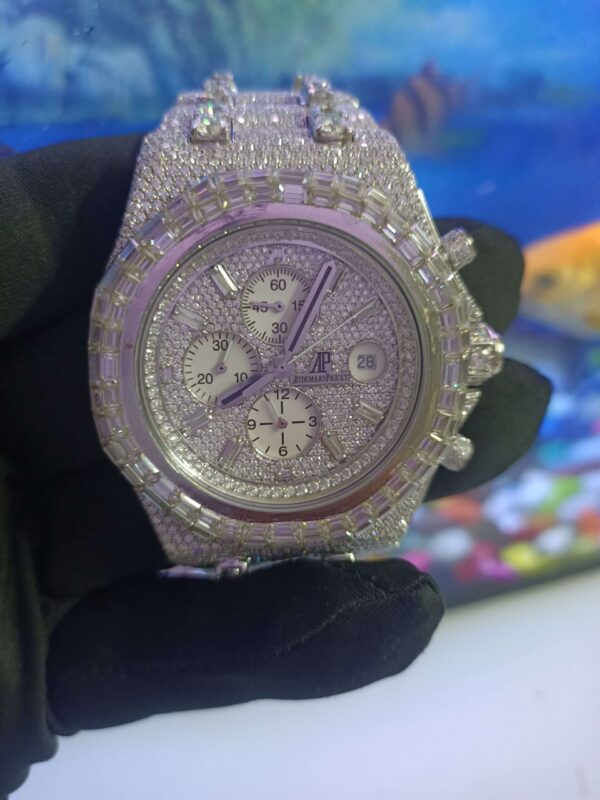 Audemars Piguet Baguette & Round Moissanite Diamond Full Iced Out Watch, Stainless Steel Self Winding Diamond Watch For Him, VVS Moissanite Diamond Watch