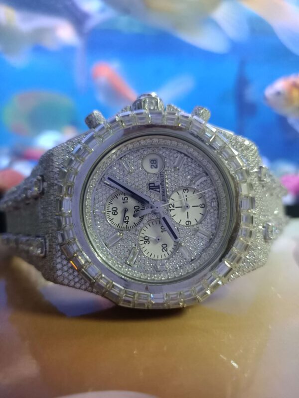 Audemars Piguet Baguette & Round Moissanite Diamond Full Iced Out Watch, Stainless Steel Self Winding Diamond Watch For Him, VVS Moissanite Diamond Watch