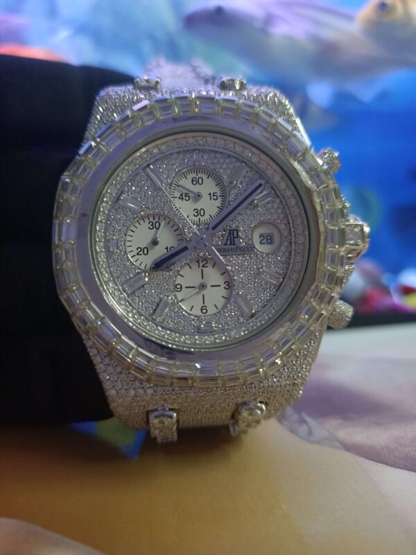 Audemars Piguet Baguette & Round Moissanite Diamond Full Iced Out Watch, Stainless Steel Self Winding Diamond Watch For Him, VVS Moissanite Diamond Watch