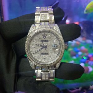 Rolex Datejust Full Iced Out Moissanite Diamond Watch, Baguette And Round VVS Moissanite Diamond Wrist Watch For Men, White & Yellow Gold Plated Men Diamond Watch