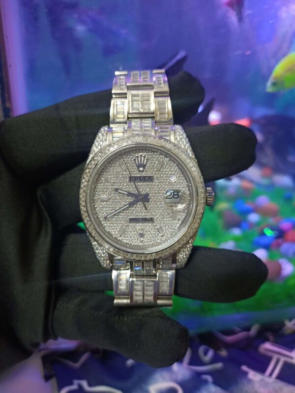 Rolex Datejust Full Iced Out Moissanite Diamond Watch, Baguette And Round VVS Moissanite Diamond Wrist Watch For Men, White & Yellow Gold Plated Men Diamond Watch