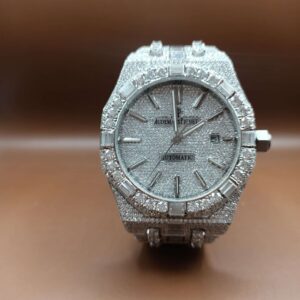 Audemars Piguet Baguette & Round Moissanite Diamond Full Iced Out Watch, Stainless Steel Self Winding Diamond Watch For Him, VVS Moissanite Diamond Watch