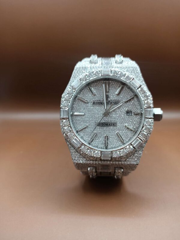 Audemars Piguet Baguette & Round Moissanite Diamond Full Iced Out Watch, Stainless Steel Self Winding Diamond Watch For Him, VVS Moissanite Diamond Watch