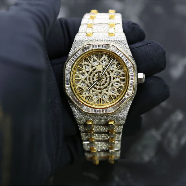 Audemars Piguet Baguette & Round VVS Diamond Full Iced Out Watch, Stainless Steel Self Winding Diamond Watch For Him, VVS Diamond Watch