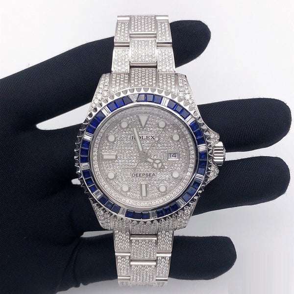 Rolex Deepsea Round VVS Diamond Watch, Self Winding Full Iced Out Men Wrist Watch, Stainless Steel Full Ice Out Watch