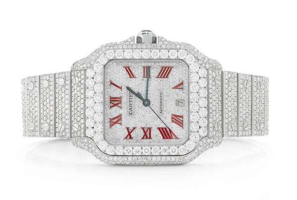 Cartier Santos VVS Diamond Men Watch, Stainless Steel White Gold Plated Men Watch For Birthday Gift