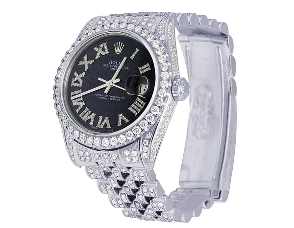 Rolex Datejust Jubilee VVS Diamond Men Watch, Black 40mm Dial White Gold Plated Stainless Steel Men Watch For Gift, Fully Iced Out Birthday Gift Watch For Him