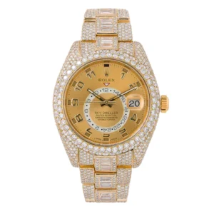 Rolex Sky-Dweller Round & Baguette VVS Diamond Iced Out Men Watch, 41mm Dial Rose Gold Plated Stainless Steel Men Watch For Gift, Fully Iced Out Birthday Gift Watch For Him