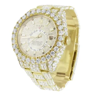 Rolex Sky Dweller Round Moissanite Diamond Men Watch, Yellow 42mm Dial Yellow Gold Plated Stainless Steel Men Watch For Gift, Fully Iced Out Birthday Gift Watch For Him