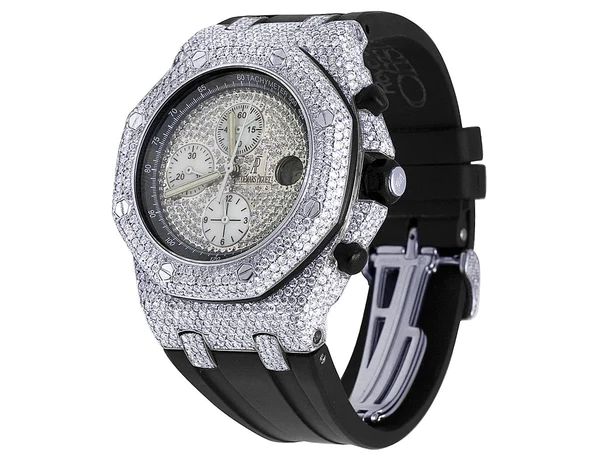 Audemars Piguet Full Iced Out VVS Diamond Men Watch, Black Silicon Band All Chronology Working 42mm Men Watch