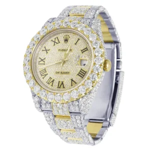 Rolex Datejust Round VVS Diamond Men Watch, Black 40mm Dial Yellow & White Gold 2 Tone Plated Stainless Steel Men Watch For Gift, Fully Iced Out Birthday Gift Watch For Him