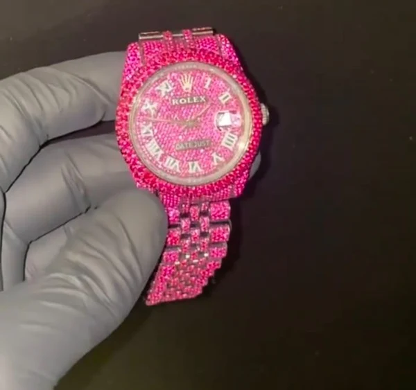 Rolex Datejust Jubilee Pink Sapphire Diamond Men Watch, 41mm Dial Gold Plated Stainless Steel Men Watch For Gift, Fully Iced Out Birthday Gift Watch For Him