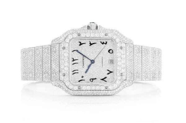 Cartier Santos VVS Diamond Men Watch, Stainless Steel White Gold Plated Arabic Men Watch For Birthday Gift