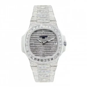 Patek Philippe Geneve Round & Baguette VVS Diamond Men Automatic Watch, White Gold Plated Full Iced Out Men Watch For Birthday Gift