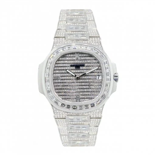 Patek Philippe Geneve Round & Baguette VVS Diamond Men Automatic Watch, White Gold Plated Full Iced Out Men Watch For Birthday Gift