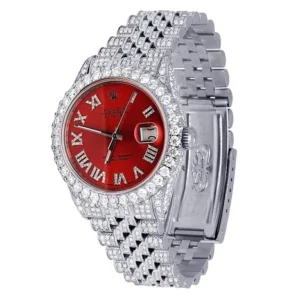 Rolex Datejust Jubilee VVS Diamond Men Watch, Red 40mm Dial White Gold Plated Stainless Steel Men Watch For Gift, Fully Iced Out Birthday Gift Watch For Him