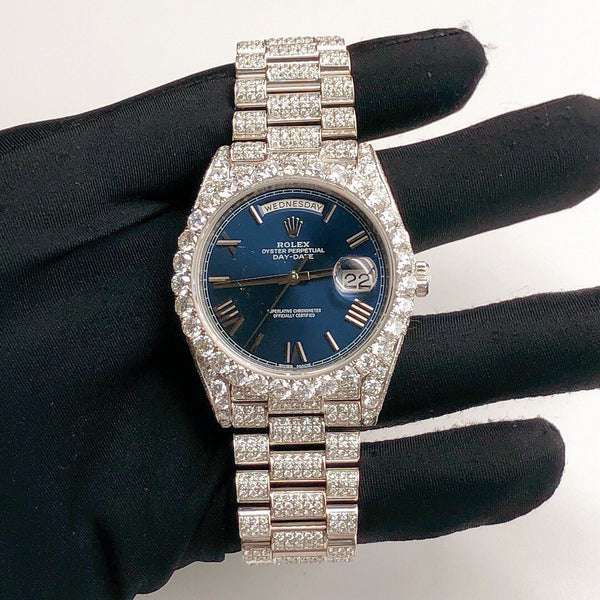 Rolex Jubilee Daydate Blue Dial VVS Diamond Men Watch, 41mm Dial White Gold Plated Stainless Steel Men Watch For Gift, Fully Iced Out Birthday Gift Watch For Him