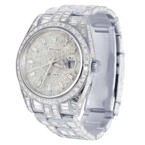 Rolex Datejust Baguette & Round VVS Diamond Men Watch, White 40mm Dial White Gold Plated Stainless Steel Men Watch For Gift, Fully Iced Out Birthday Gift Watch For Him