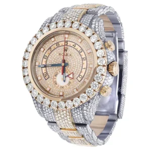 Rolex Yatch Master Round VVS Diamond Iced Out Men Watch, White 42mm Dial Rose & White Gold 2 Tone Plated Stainless Steel Men Watch For Gift, Fully Iced Out Birthday Gift Watch For Him