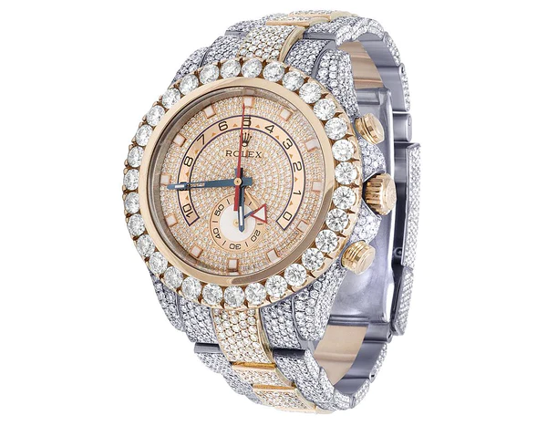 Rolex Yatch Master Round VVS Diamond Iced Out Men Watch, White 42mm Dial Rose & White Gold 2 Tone Plated Stainless Steel Men Watch For Gift, Fully Iced Out Birthday Gift Watch For Him
