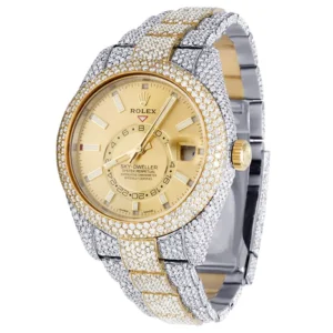 Rolex Sky Dweller Round VVS Diamond Men Watch, 42mm Dial Yellow & White Gold 2 Tone Plated Stainless Steel Men Watch For Gift, Fully Iced Out Birthday Gift Watch For Him